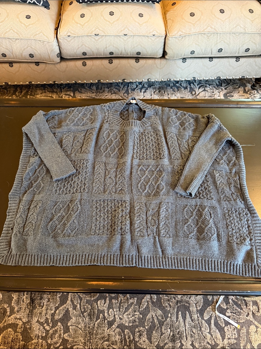 CAbi Patchwork poncho Cable-Knit Crewneck Sweater in Gray